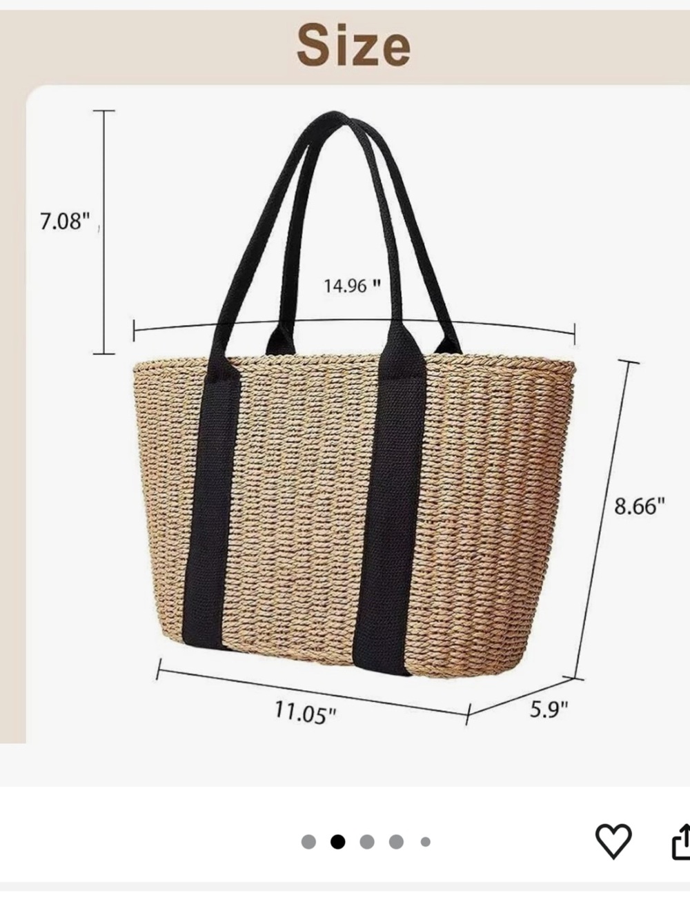 Straw Woven Tote Bag with Black Straps NEW - Picture 2 of 3